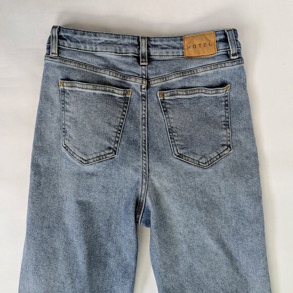 Motel Denim Jeans M Blue Split Hem Straight Leg Medium Wash Stretch Zipper Fly - Picture 6 of 11